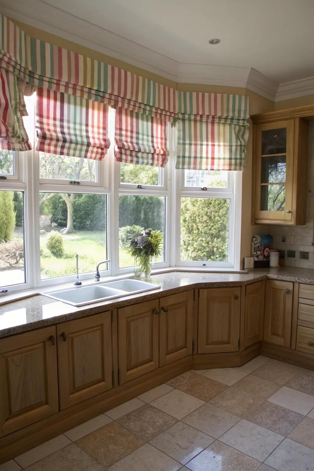 Playful toppers add charm to kitchen windows.