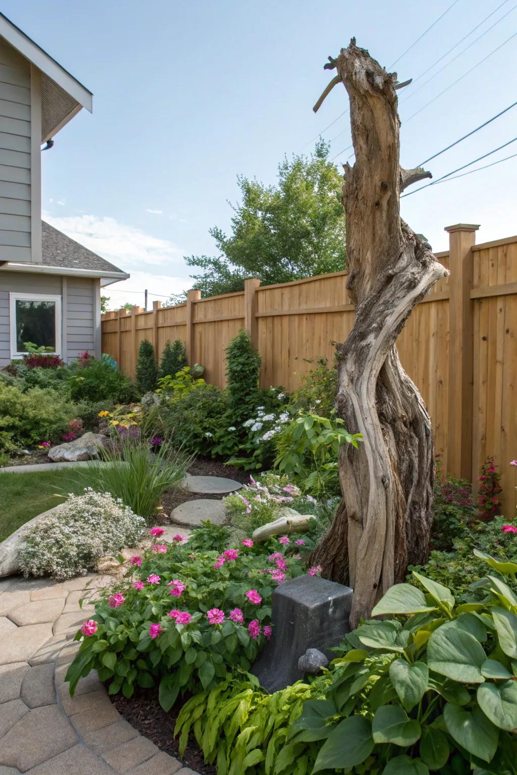 Found wood injects countryside charm into a beach-inspired setting.