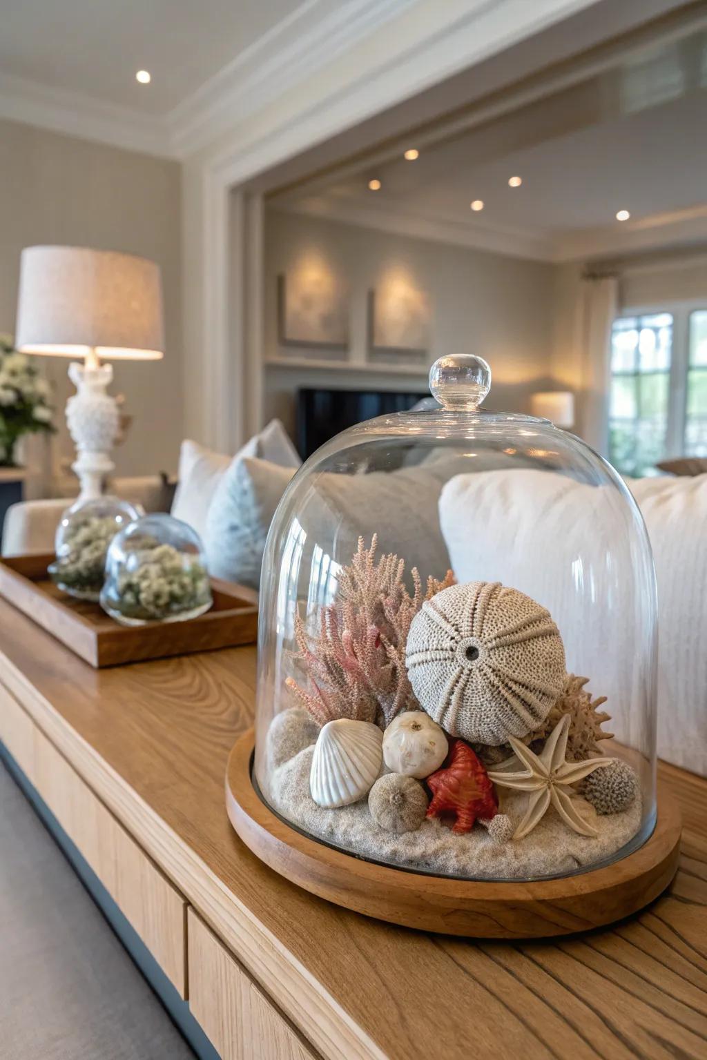 Bell jars accentuate the understated beauty of coastal treasures.