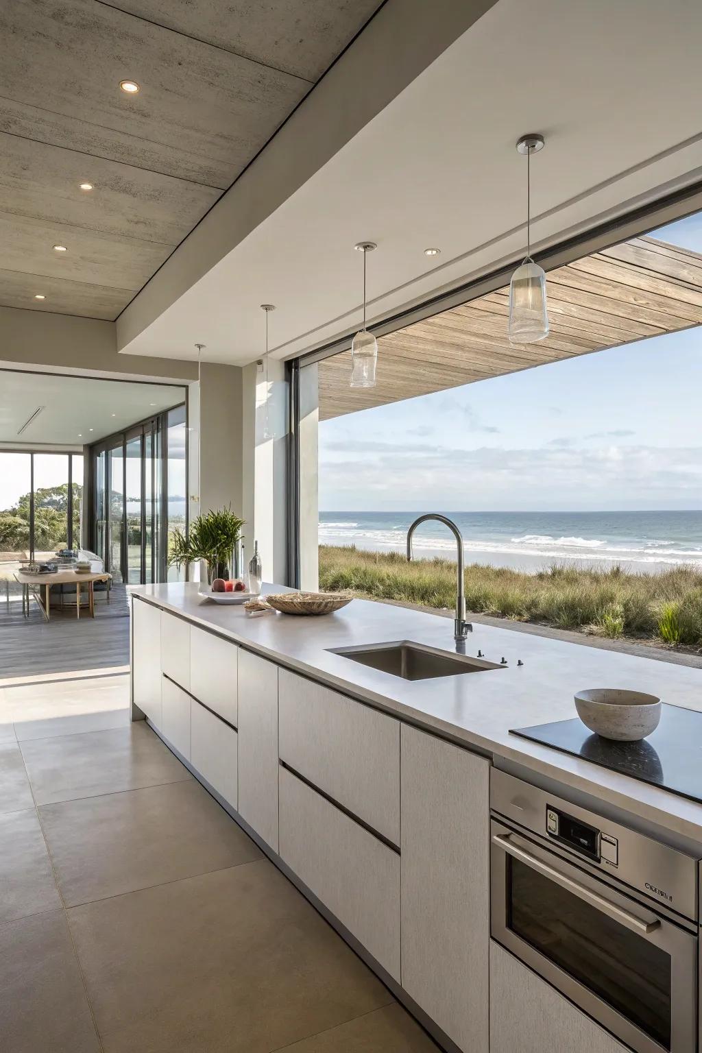 A modern kitchen blending functionality with beach house charm.