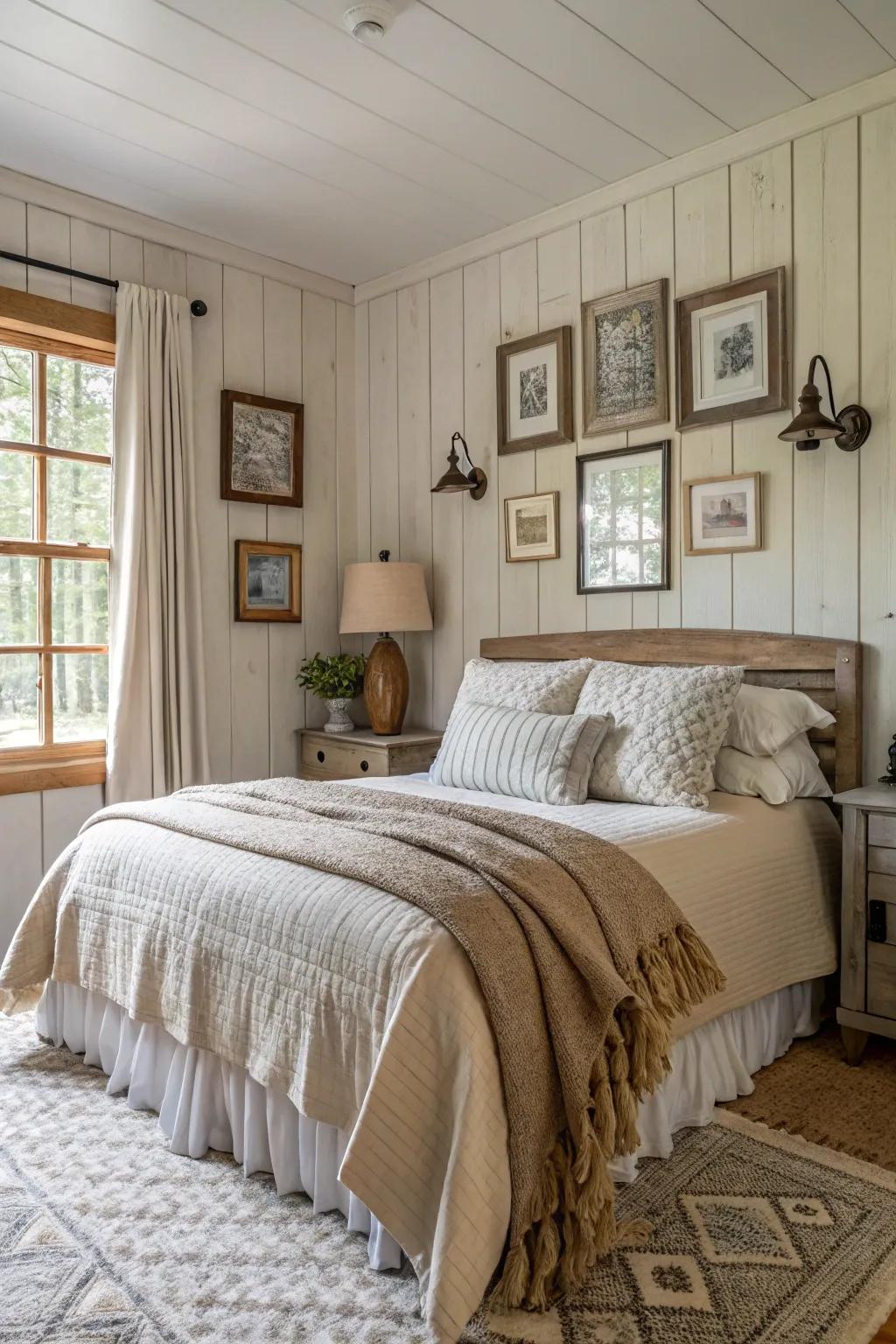 A comfortable bedroom with beadboard walls in neutral shades.
