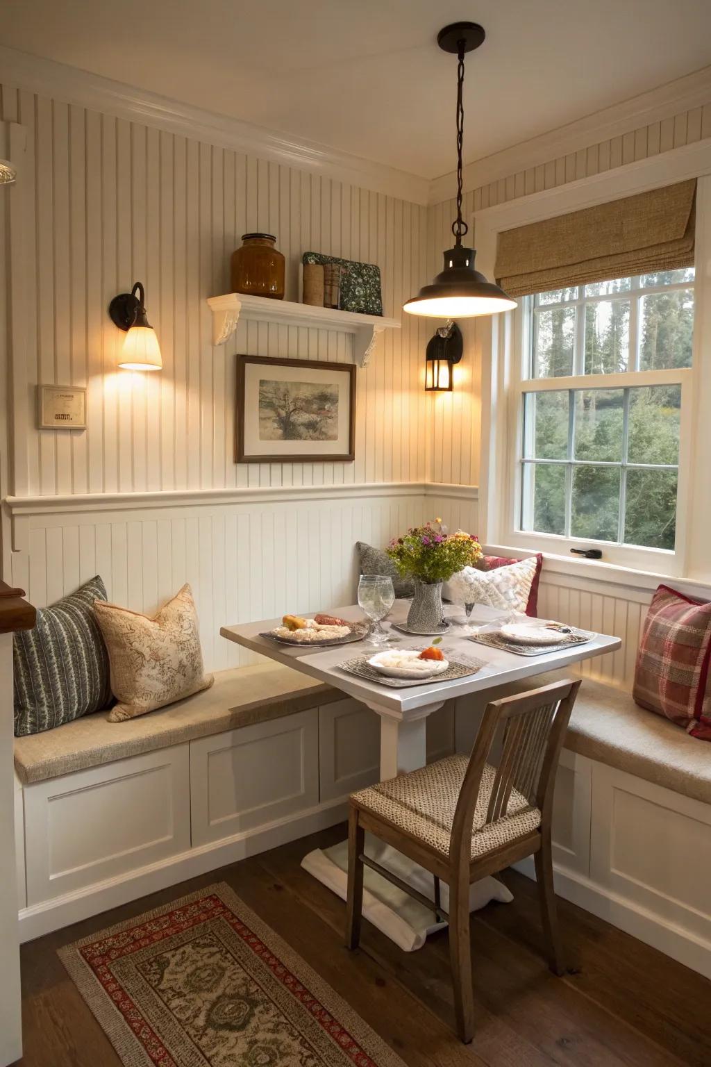 Grooved boards enhance the warm atmosphere of eating spots.