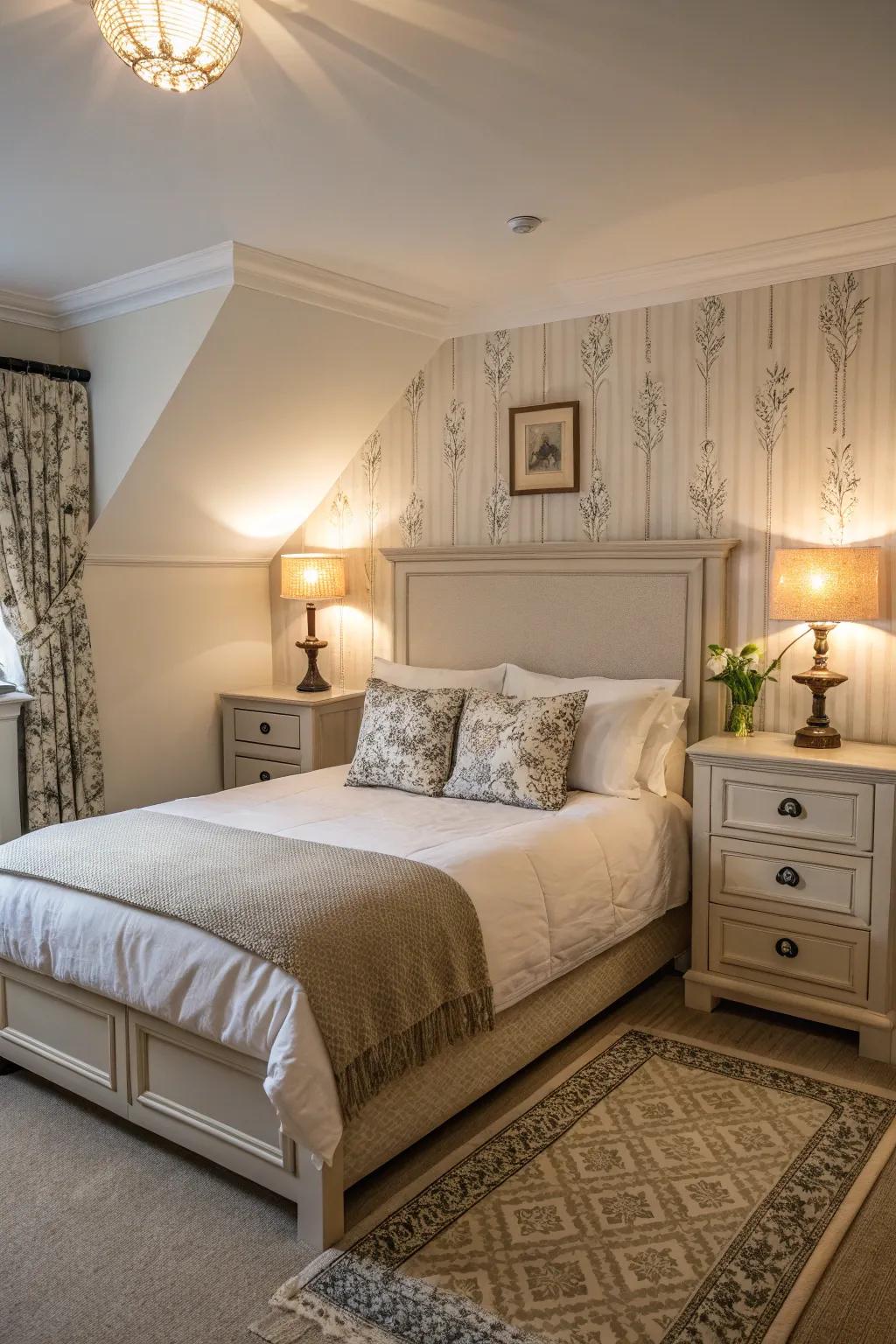Symmetrical design lends balance to a corner bed.
