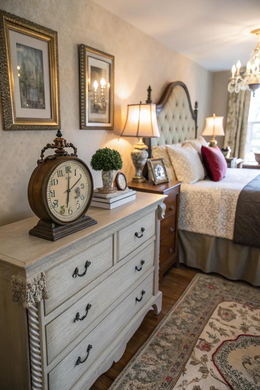 A vintage clock fills your bedroom with classic allure.