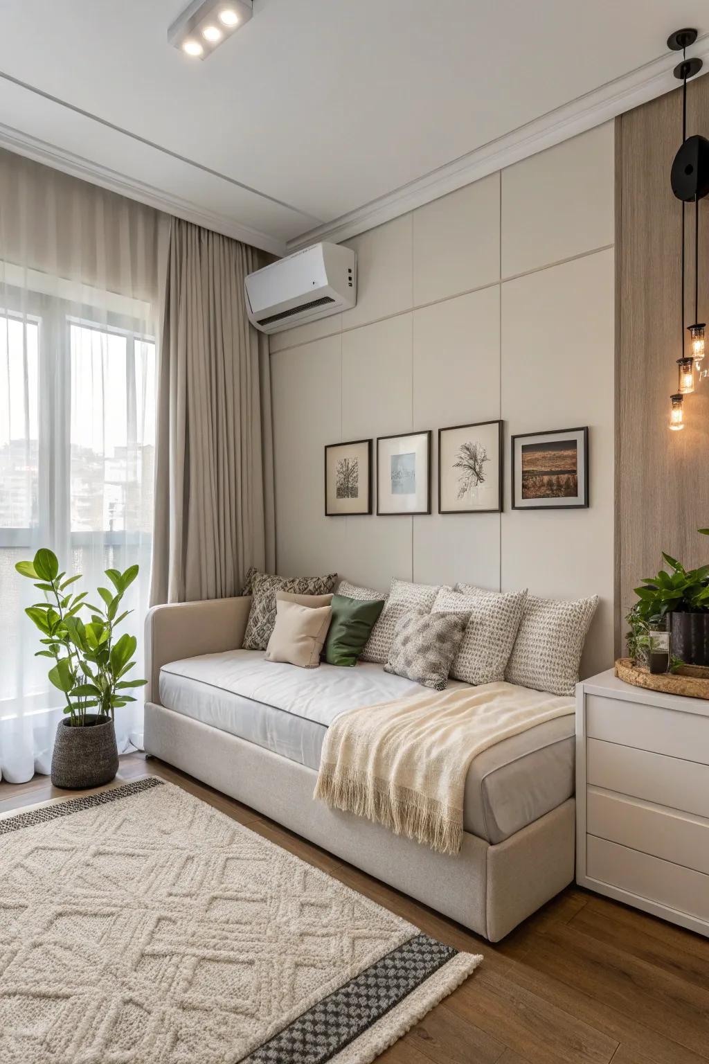 A modern corner couch that maximizes space, adding comfort and style to the bedroom.