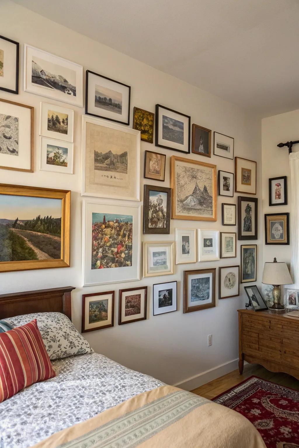 A gallery wall brings a deeply personal element to any bedroom.