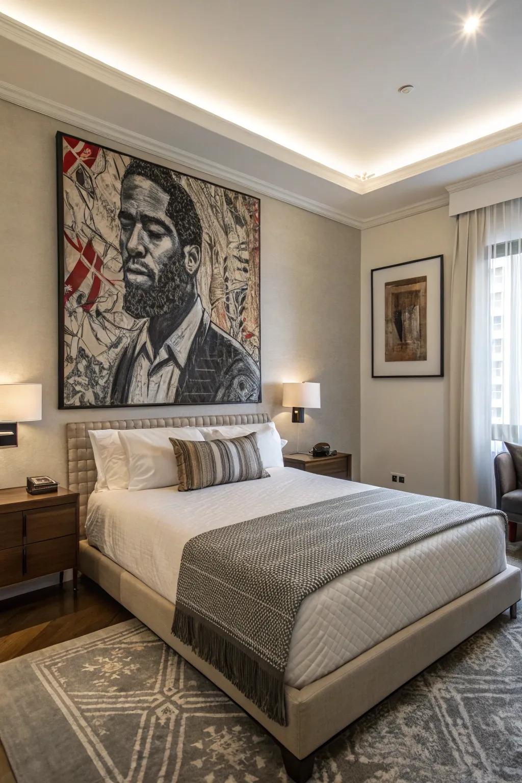 Bold artwork serves as a captivating focal point in this bedroom.