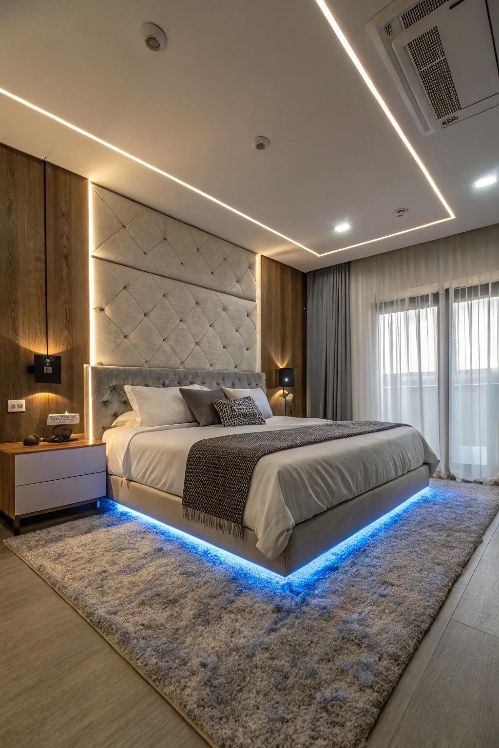 LED strip lights introduce a modern vibe to any bedroom.