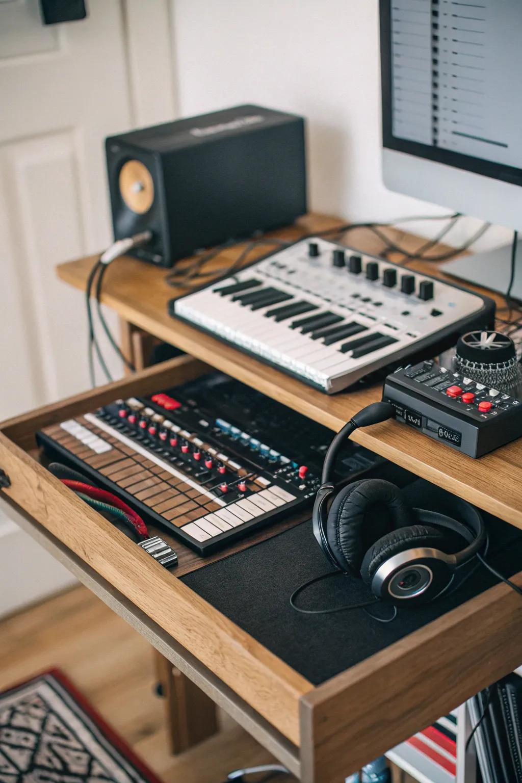 A sleek desk equipped with smart storage solutions helps keep your studio organized and productive.