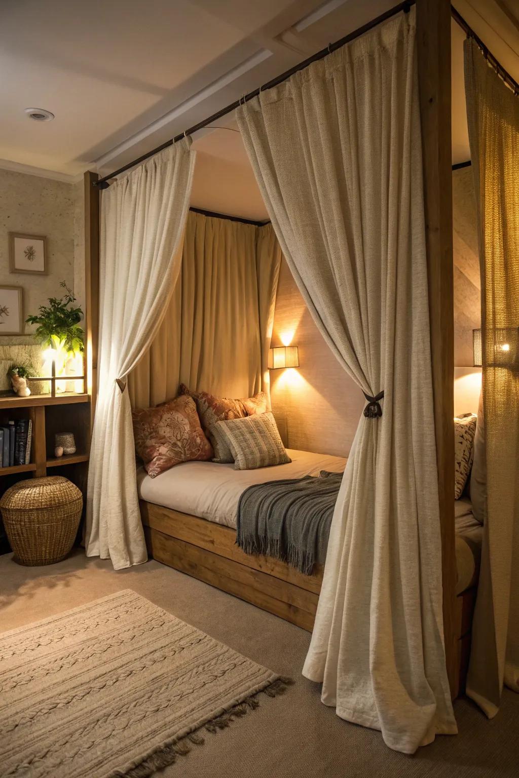 A bedroom nook with drapes, offering a private and cozy escape.