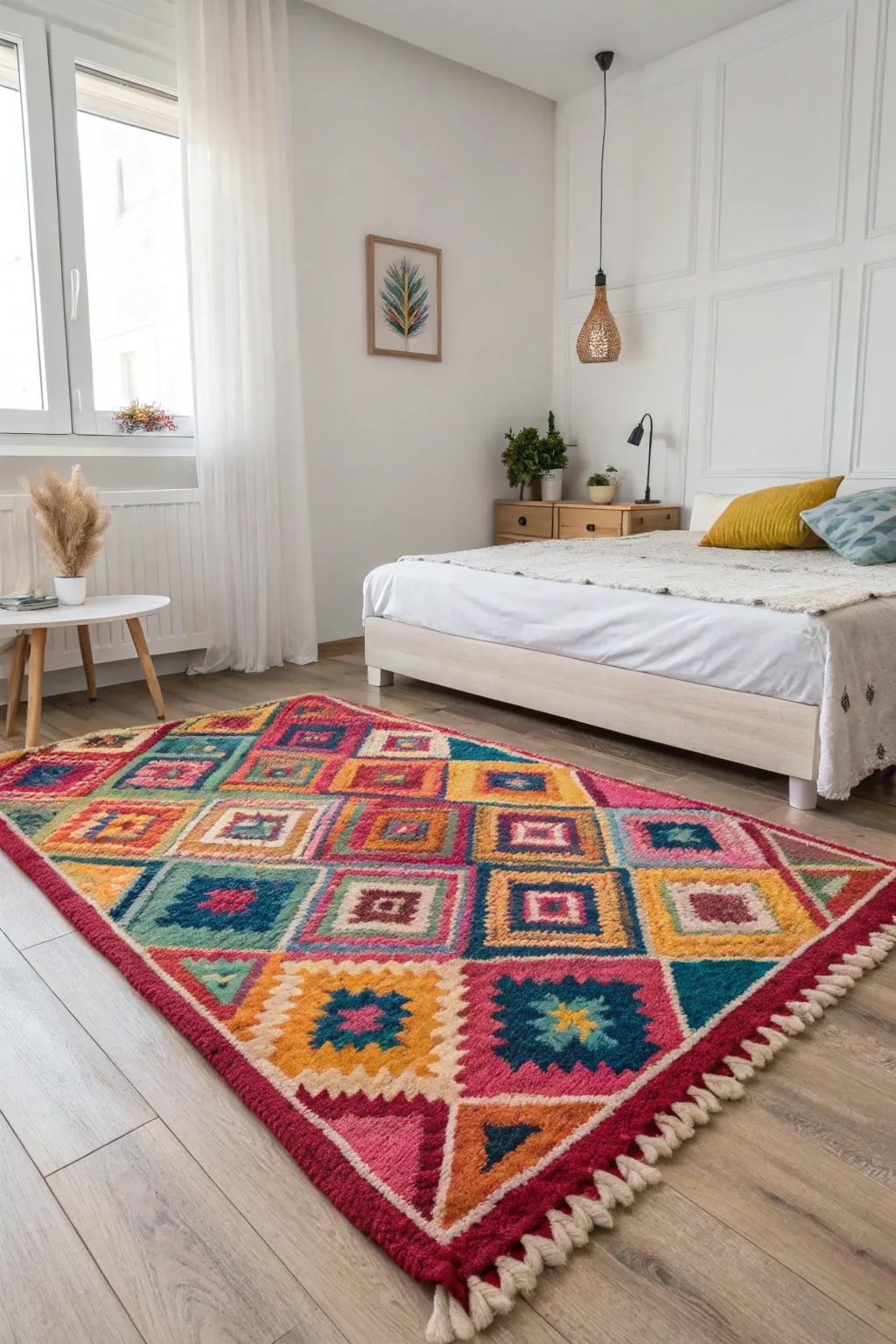 A vibrant floor covering brightens a neutral space.