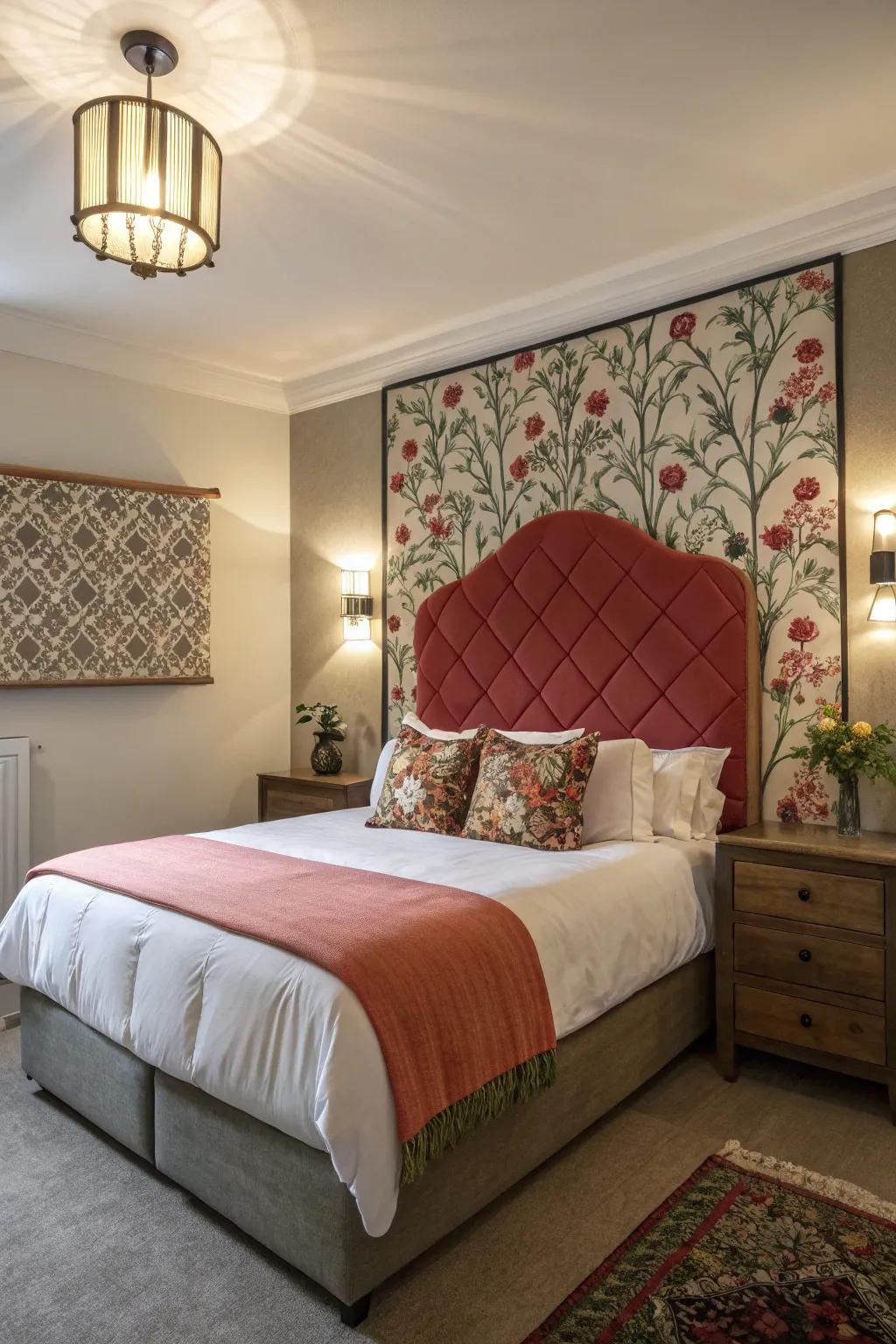 A bedroom featuring a striking feature wall and headboard.