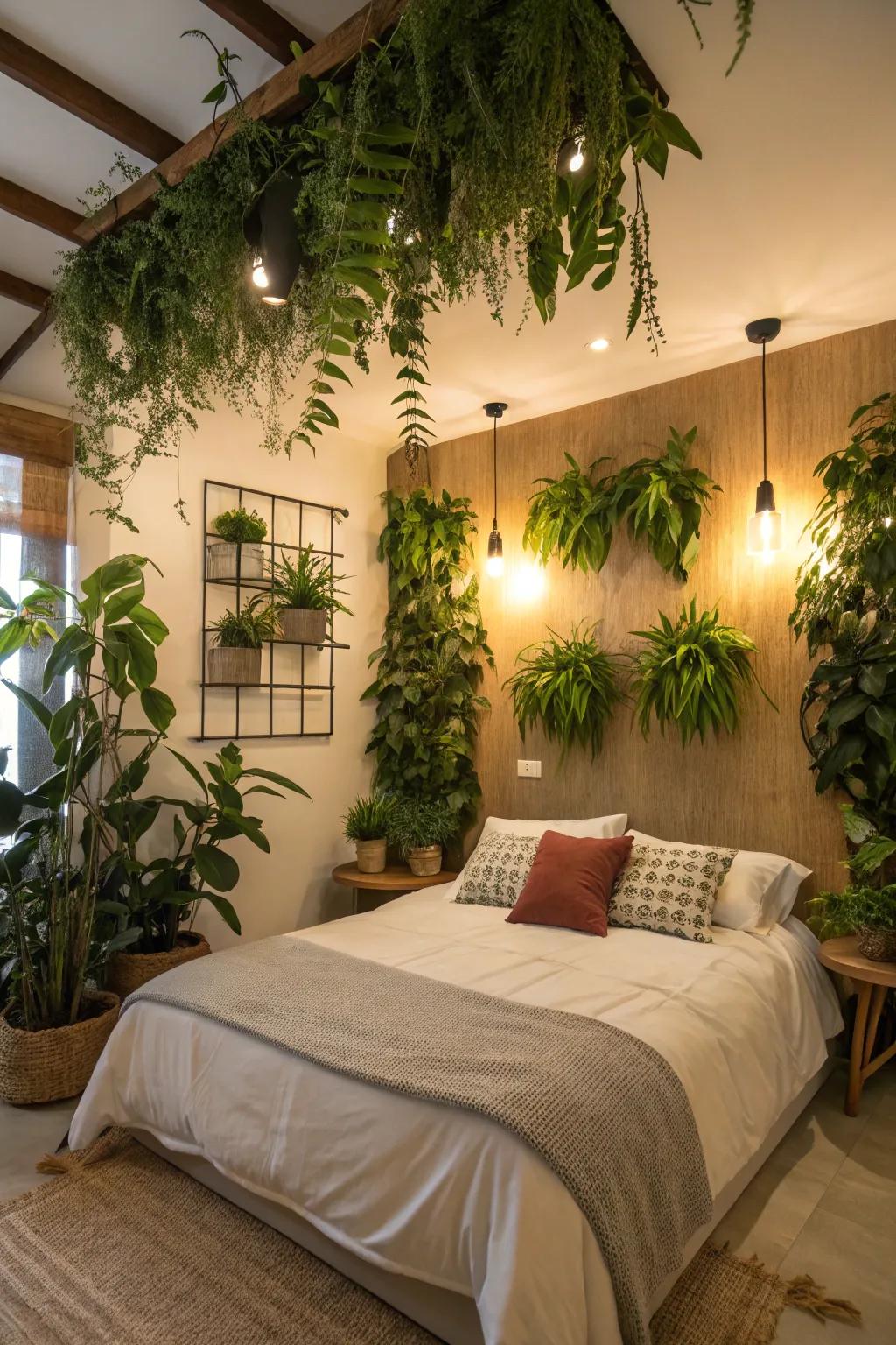 Integrating plants creates a revitalizing and organic atmosphere in your bedroom.