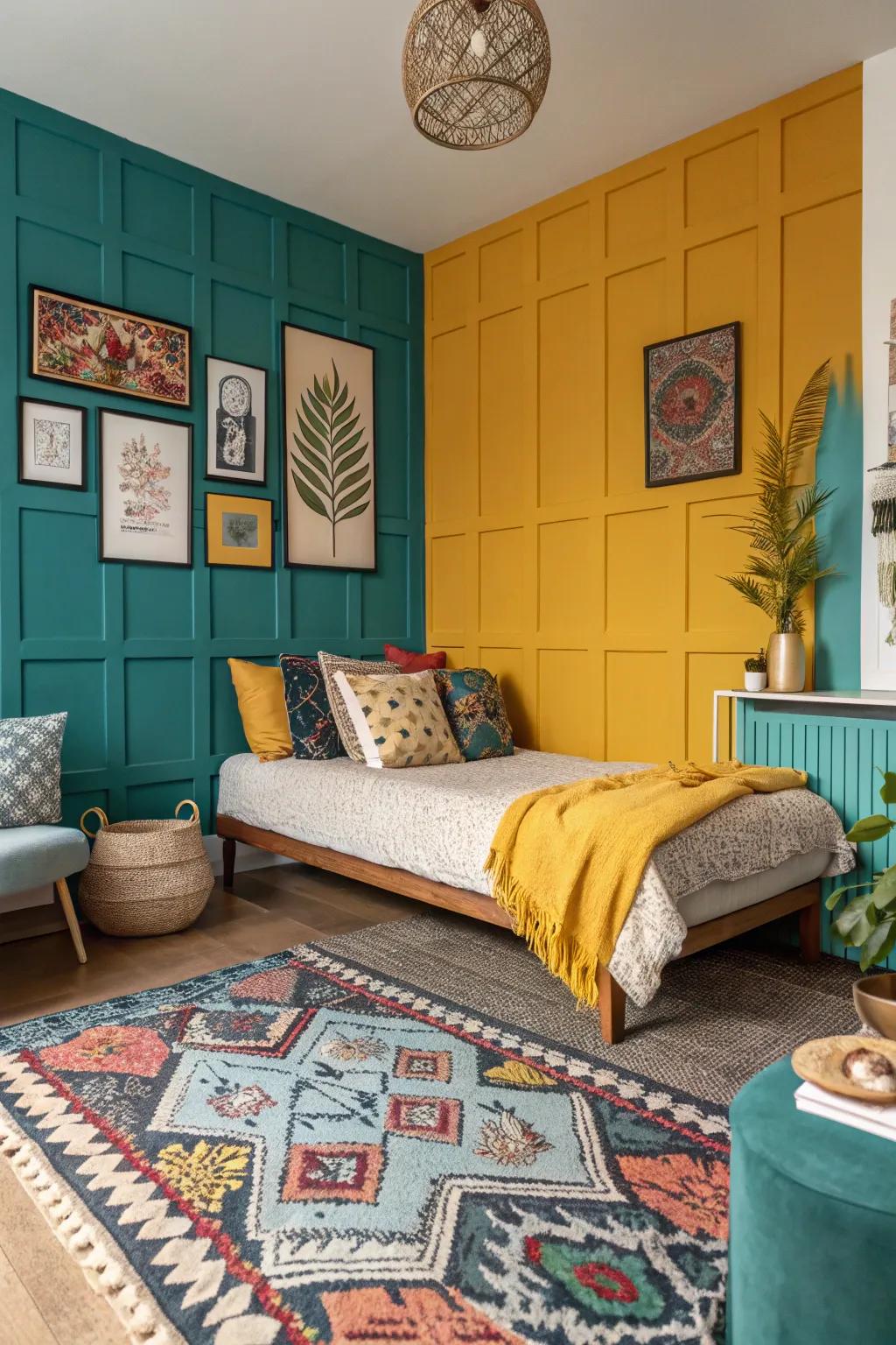 Color blocking introduces drama and individuality to your bedroom.