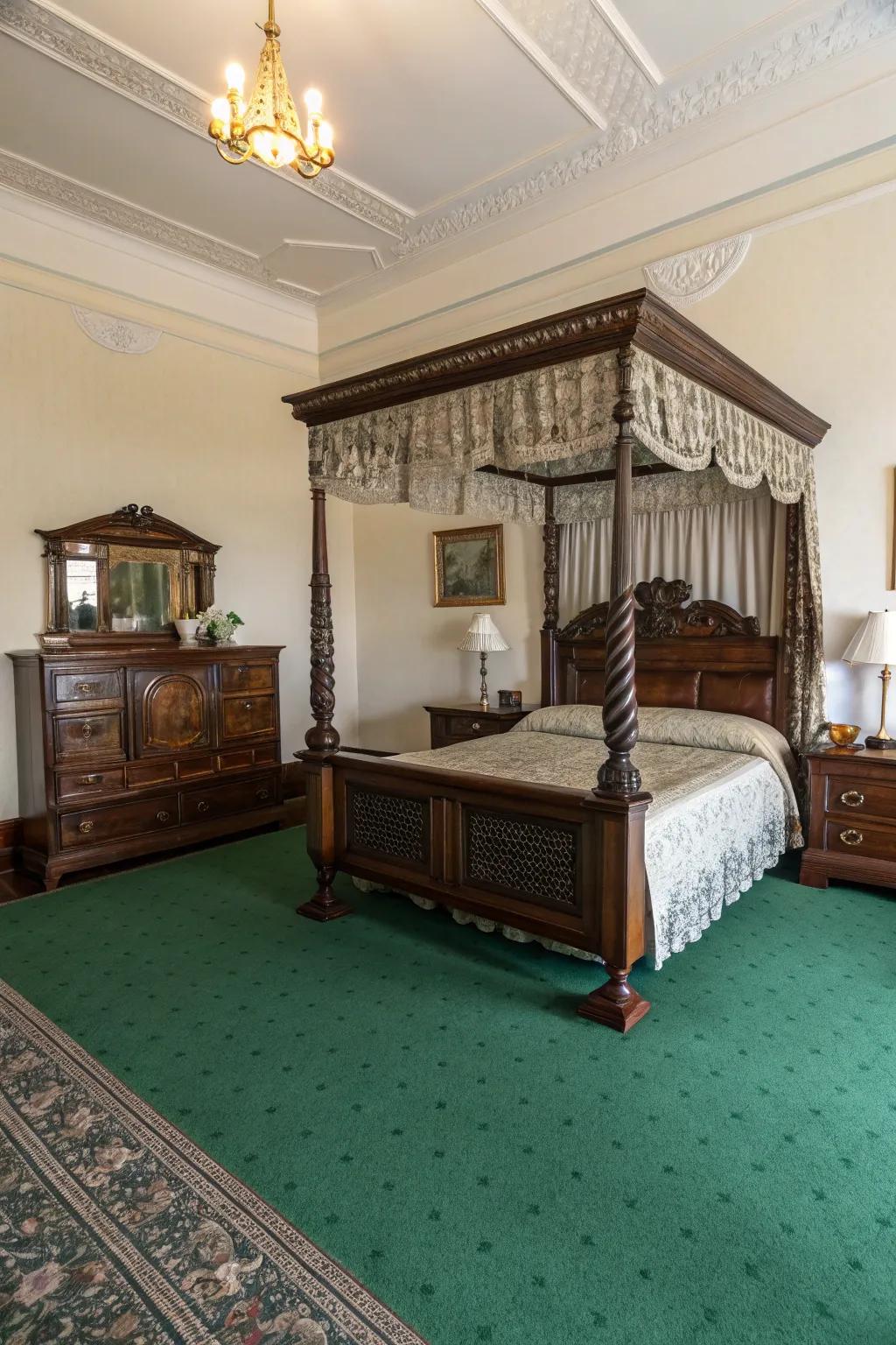 Dark wood furnishings contrast exquisitely with the vibrant emerald floor covering.