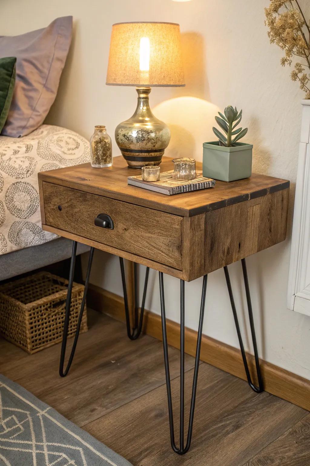 The combination of timber and metal fosters a sophisticated visual.