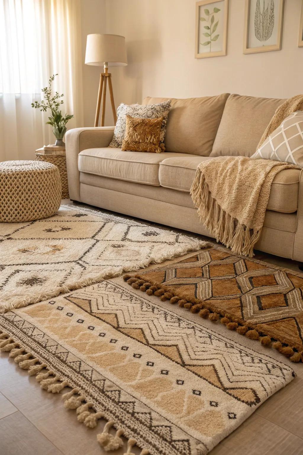 An artistic method of mat layering in a living area featuring a sand-toned sofa.