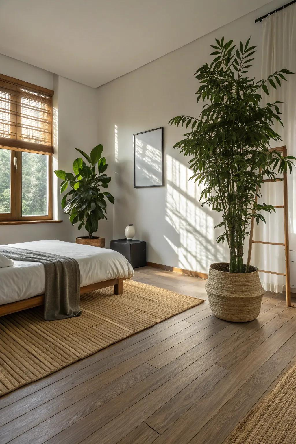 Environmentally-friendly bamboo flooring in a tranquil bedroom