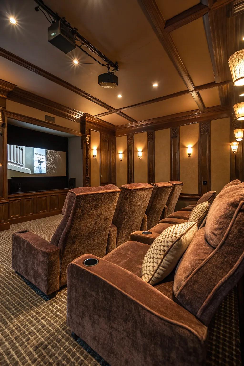 Textured velvet seats bring warmth and depth to this home theater.