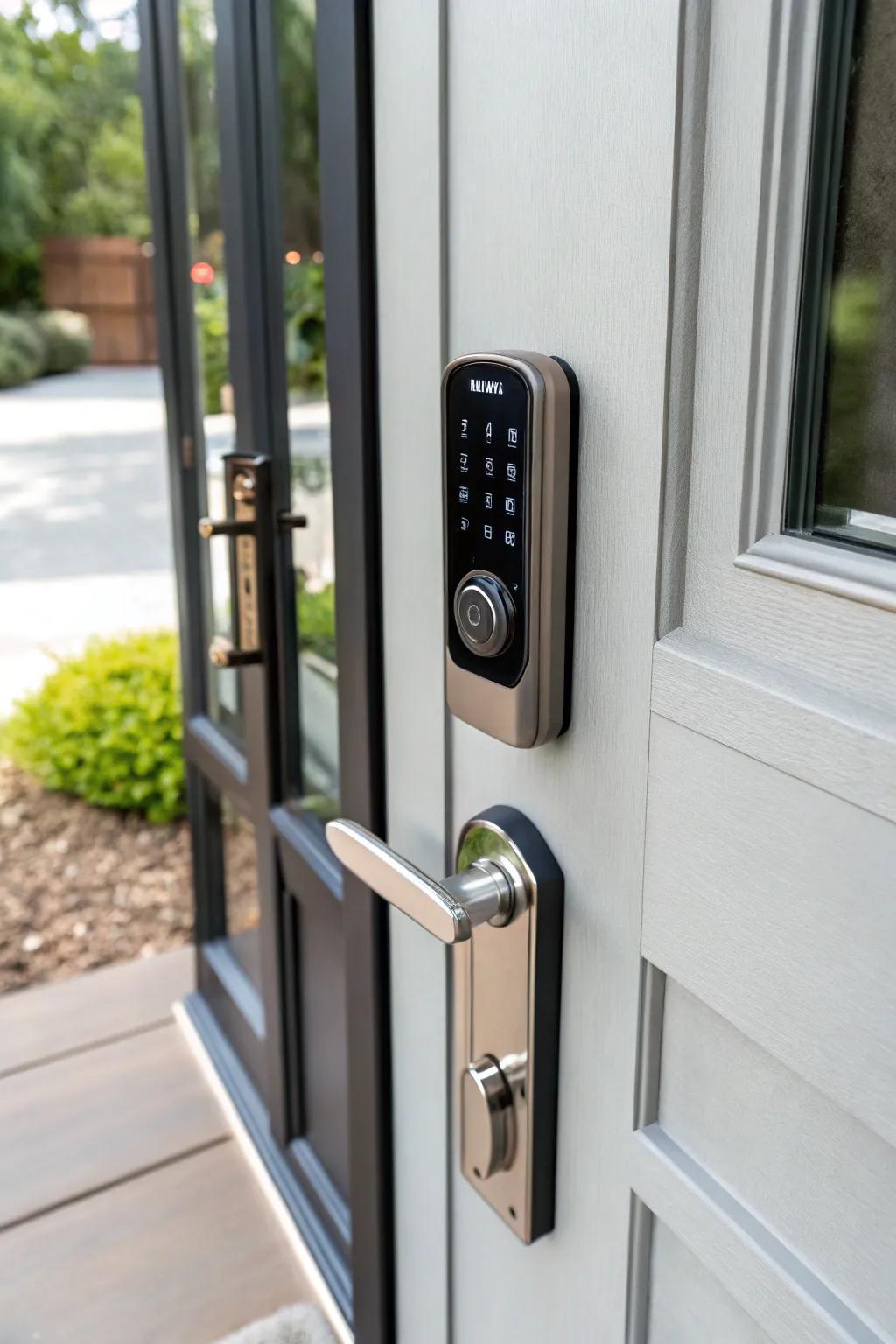 An intelligent entry complements a modern front door with its sleek design and key-free entry features.