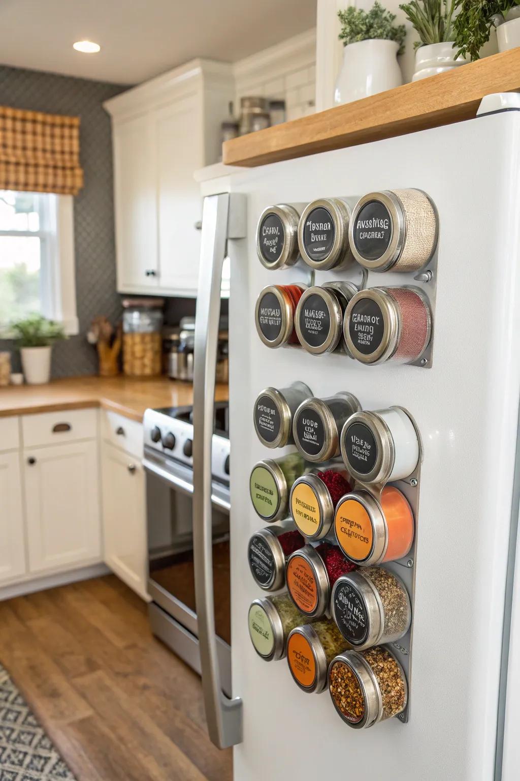 Magnetic spice racks to add a contemporary touch.