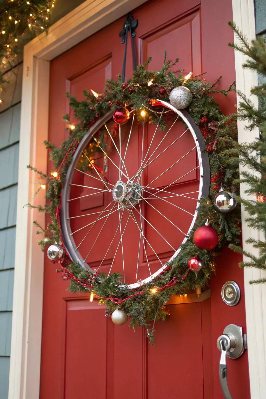 A holiday-inspired bicycle wreath embellished with lights and baubles, prepared for the festive season.