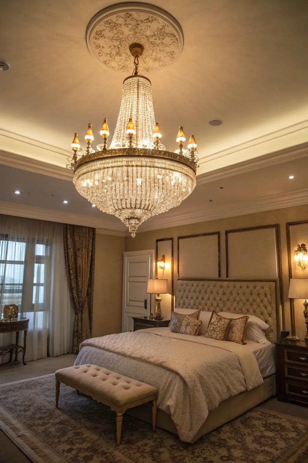 A spacious bedroom showcasing a dazzling chandelier as the central attraction.