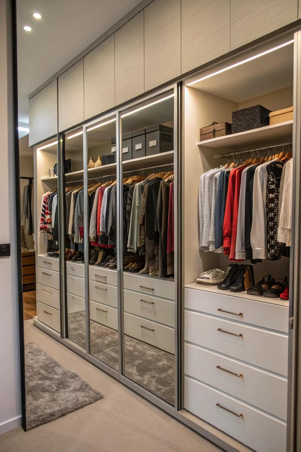 A closet with a full wall of mirrors reflecting the organized space.