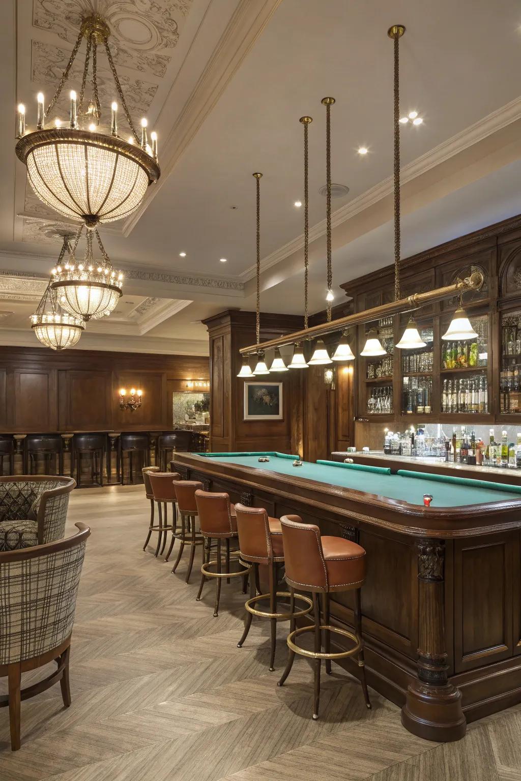 An elegant beverage station improves the social aspect of a billiard room.