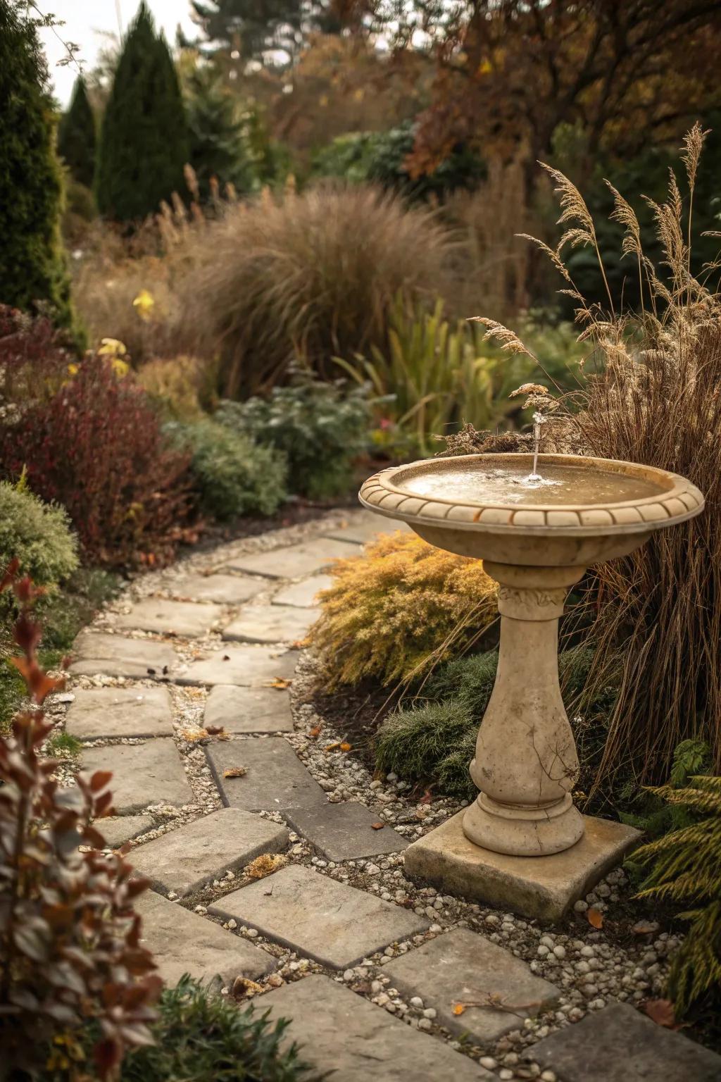 A tan bird bath blending with earthy garden tones, creating a natural haven for birds.
