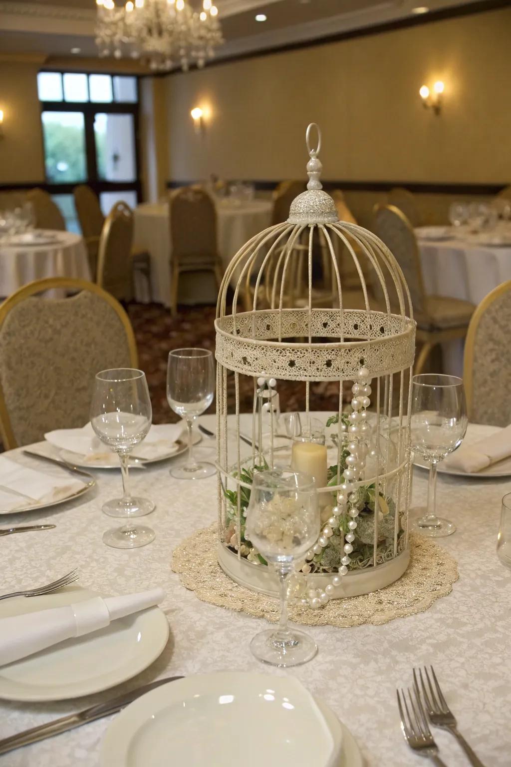 An elegant table presentation showcasing a bird sanctuary centerpiece.