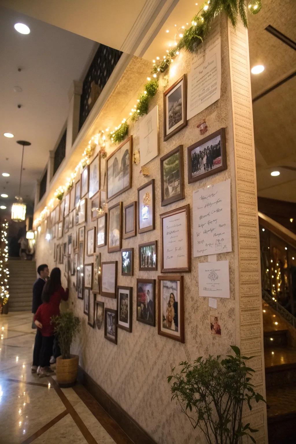 A remembrance display filled with photographs and messages adds a personal touch to the celebration.