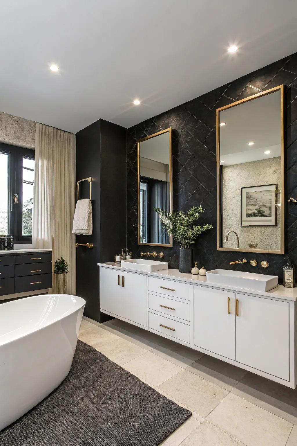 A chic bathroom featuring a black accent wall that enhances minimalist d&eacute;cor and expansive mirrors.