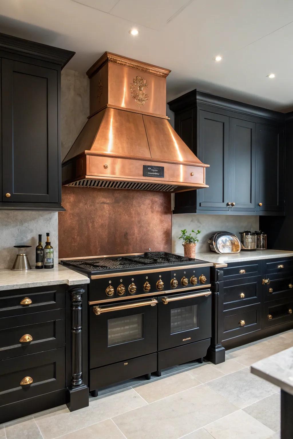 A bronze cooker hood enhances the luxurious sense in a dark kitchen.