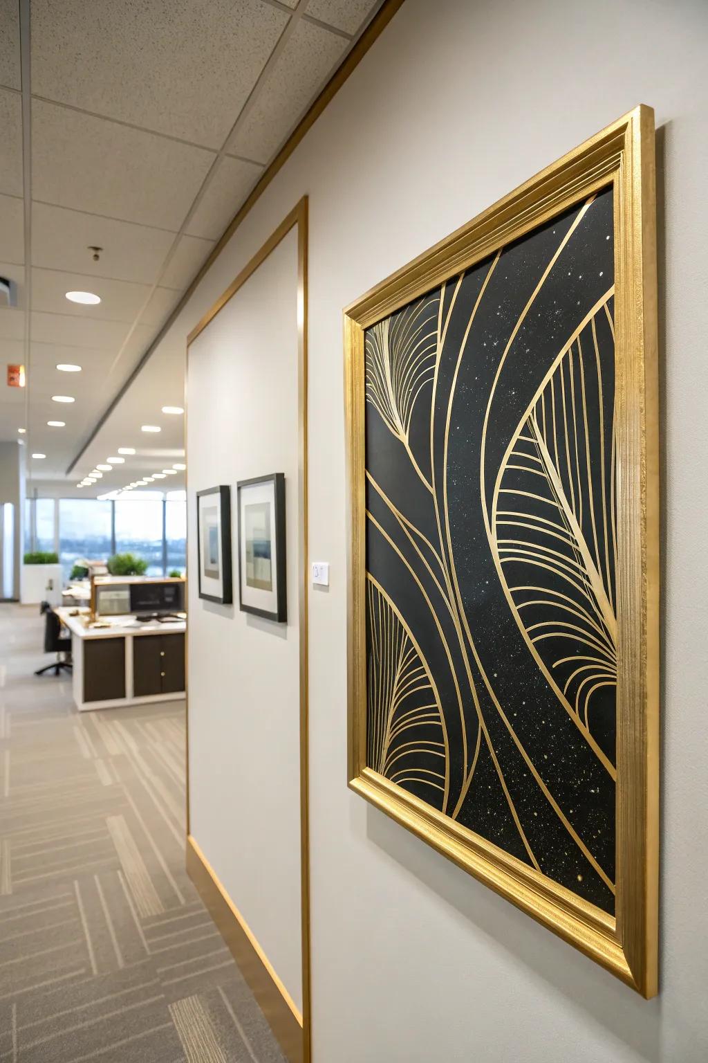 Artwork with gilded frames introduces a sophisticated flair to your office design.