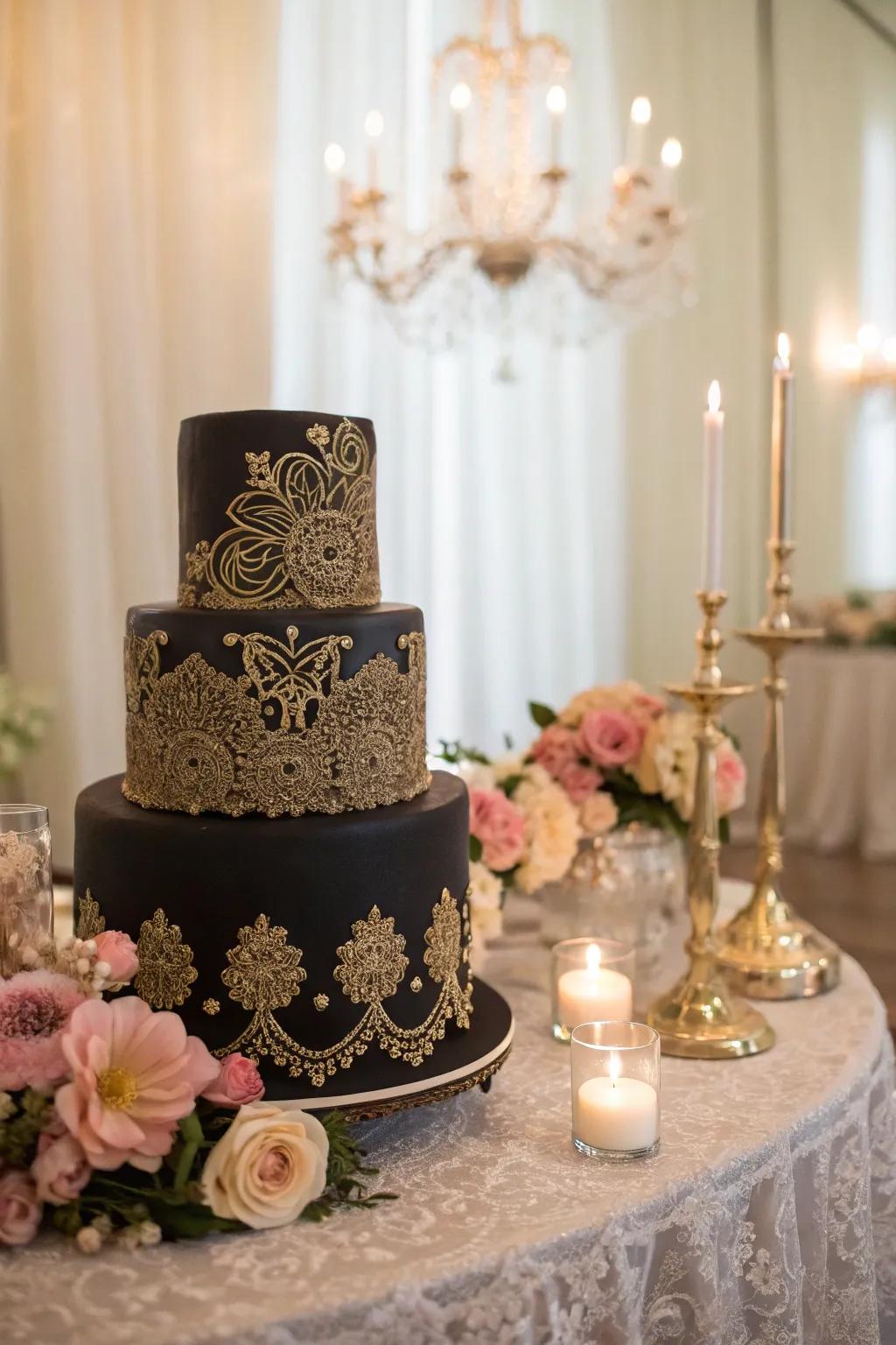 Intricate gilded interwoven patterns bring a romantic touch to this classic black cake.