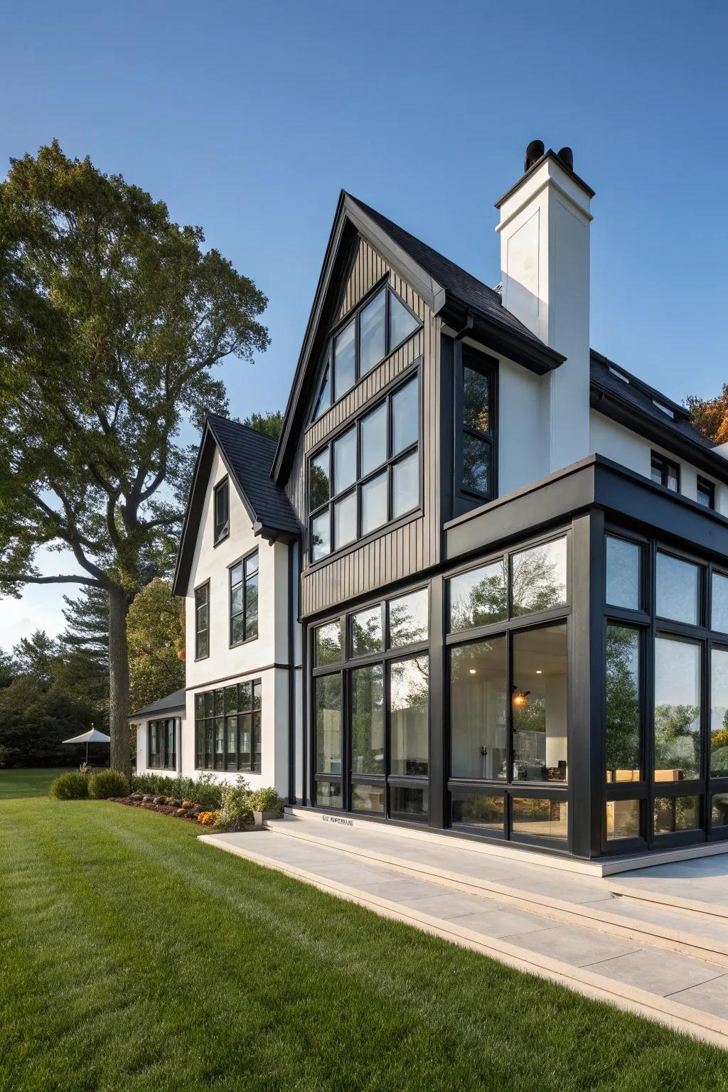 A contemporary home featuring wide windows and striking black features.