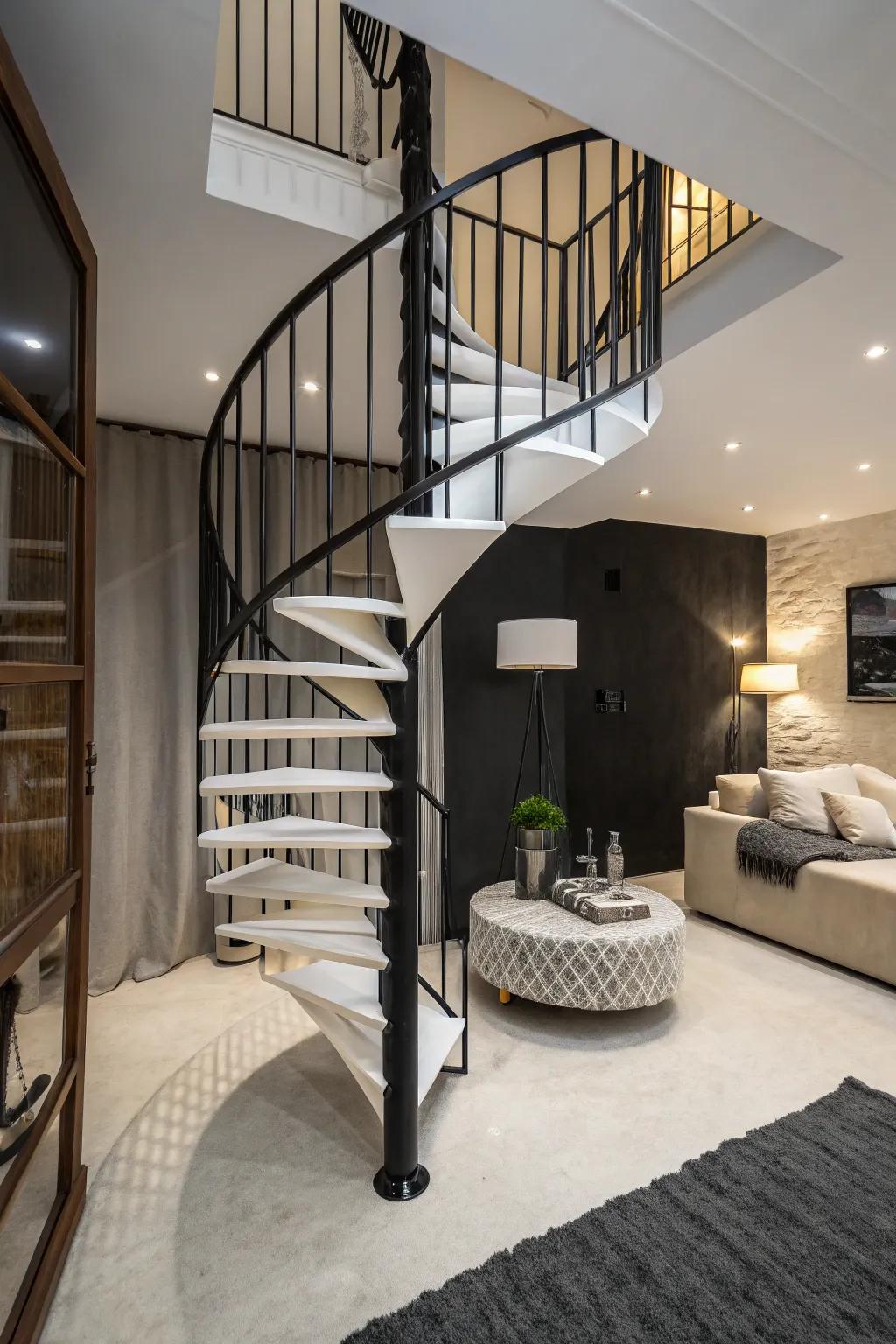 A noir and blanc spiral staircase making a bold statement in a small space.