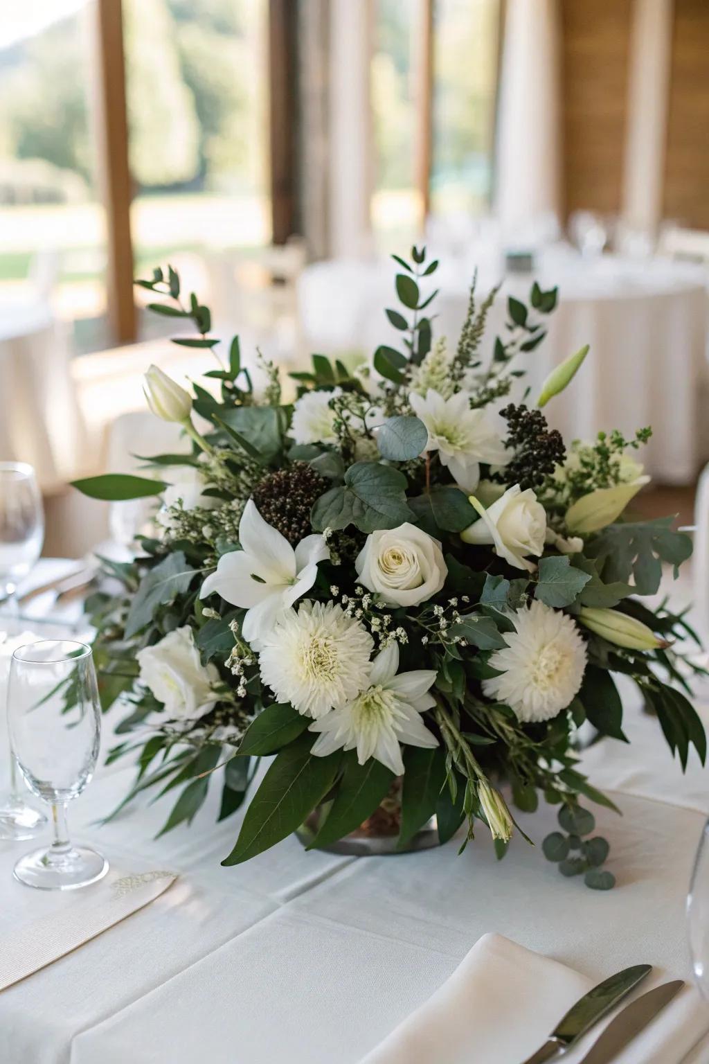 Monochromatic flower arrangements consisting of ivory blooms and deep foliage produce a lush, elegant touch.