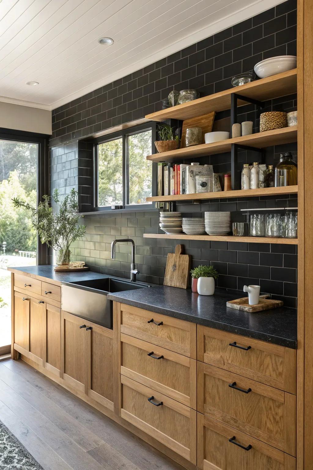 Open shelving introduces dimension and captivation against a striking ebony backsplash.