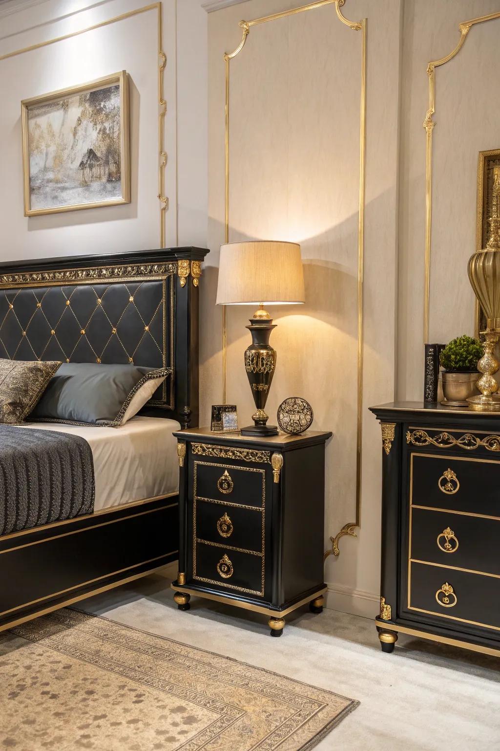 Attractive golden accents complement the dark furnishings in this refined bedroom.