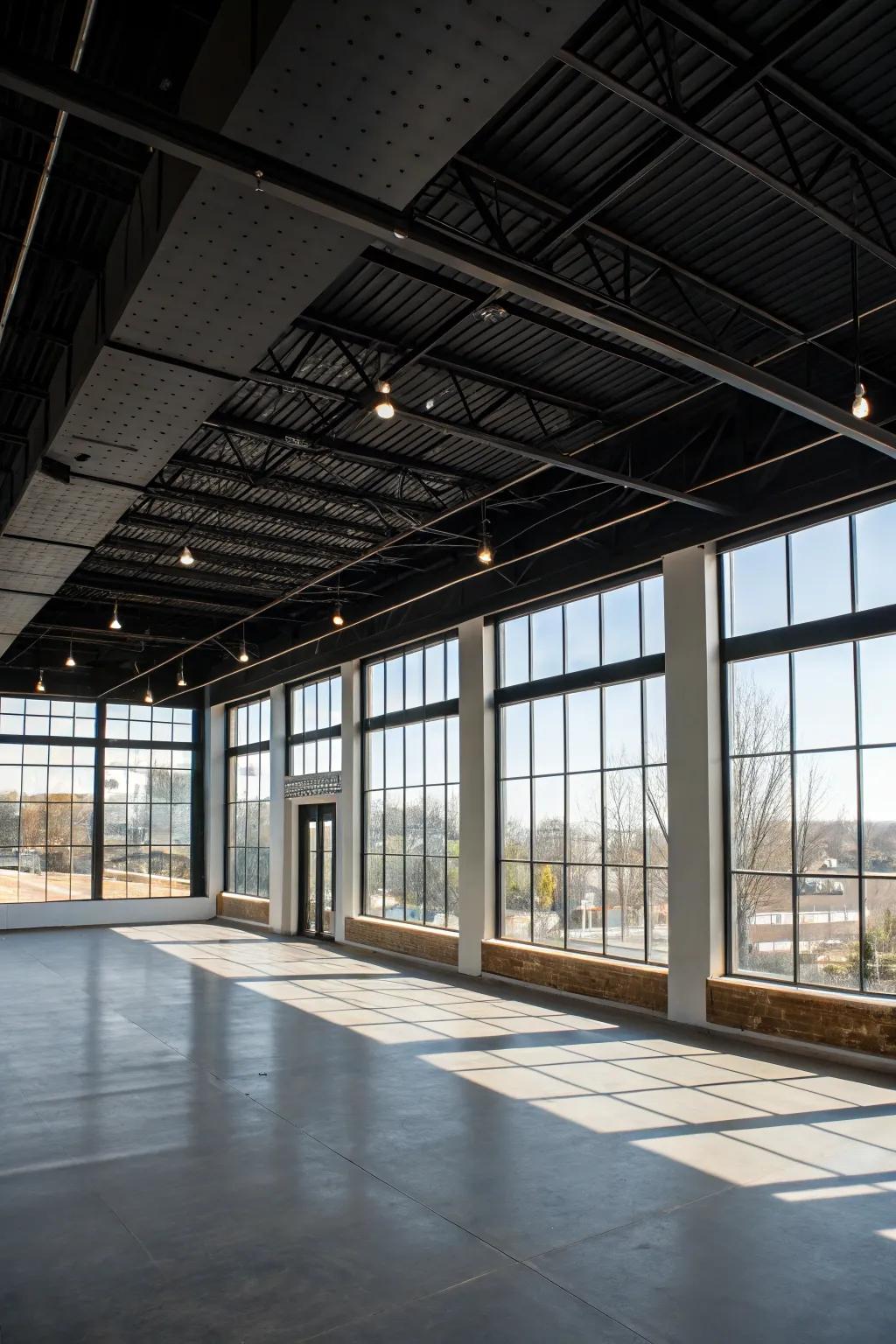 An open-plan space where a dark overhead brings balance and drama.