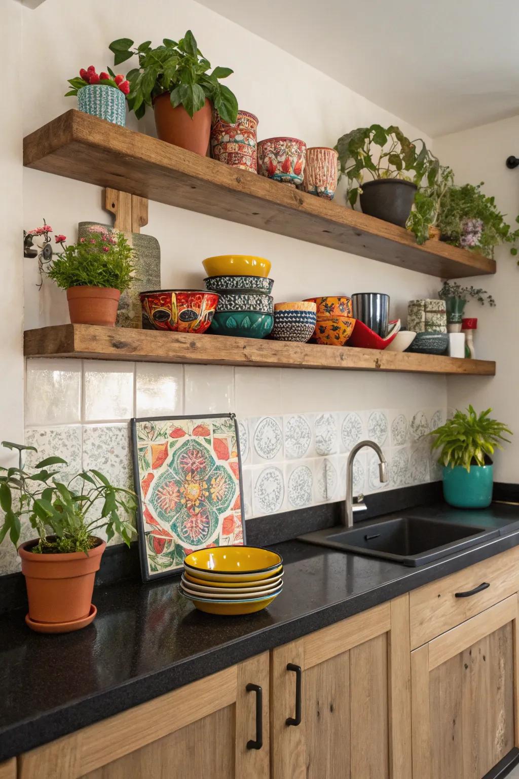 Open shelving introduces a contemporary touch to a kitchen with black countertops.