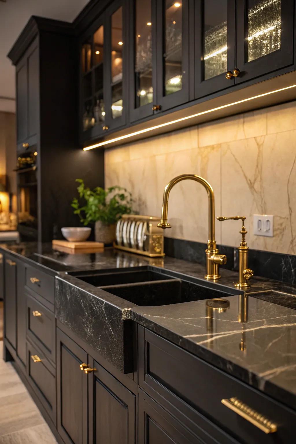 Bronze furnishings enhance the elegance of ebony worktops.