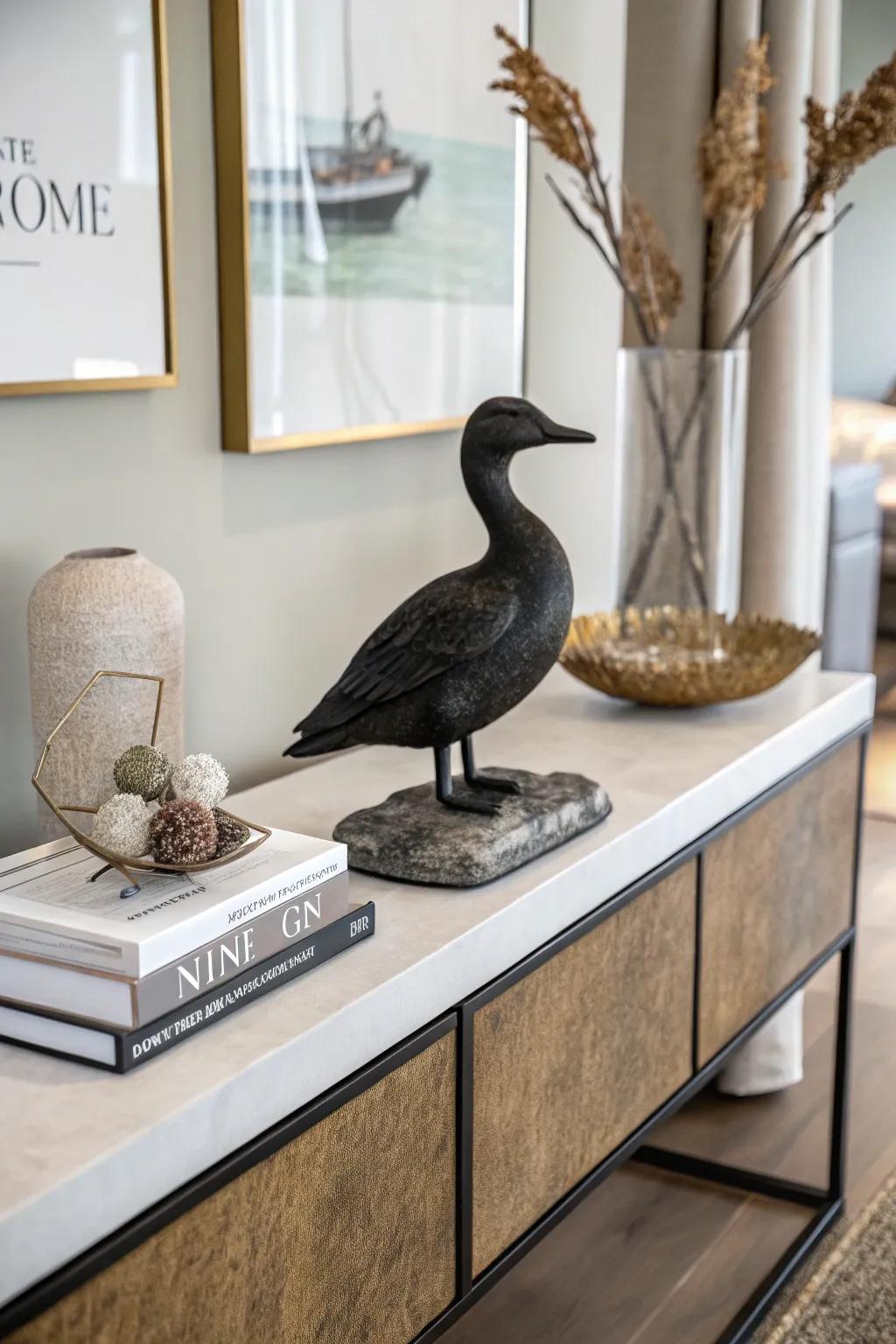 A bronzewing sculpture atop a stone base, apt for contemporary themes.