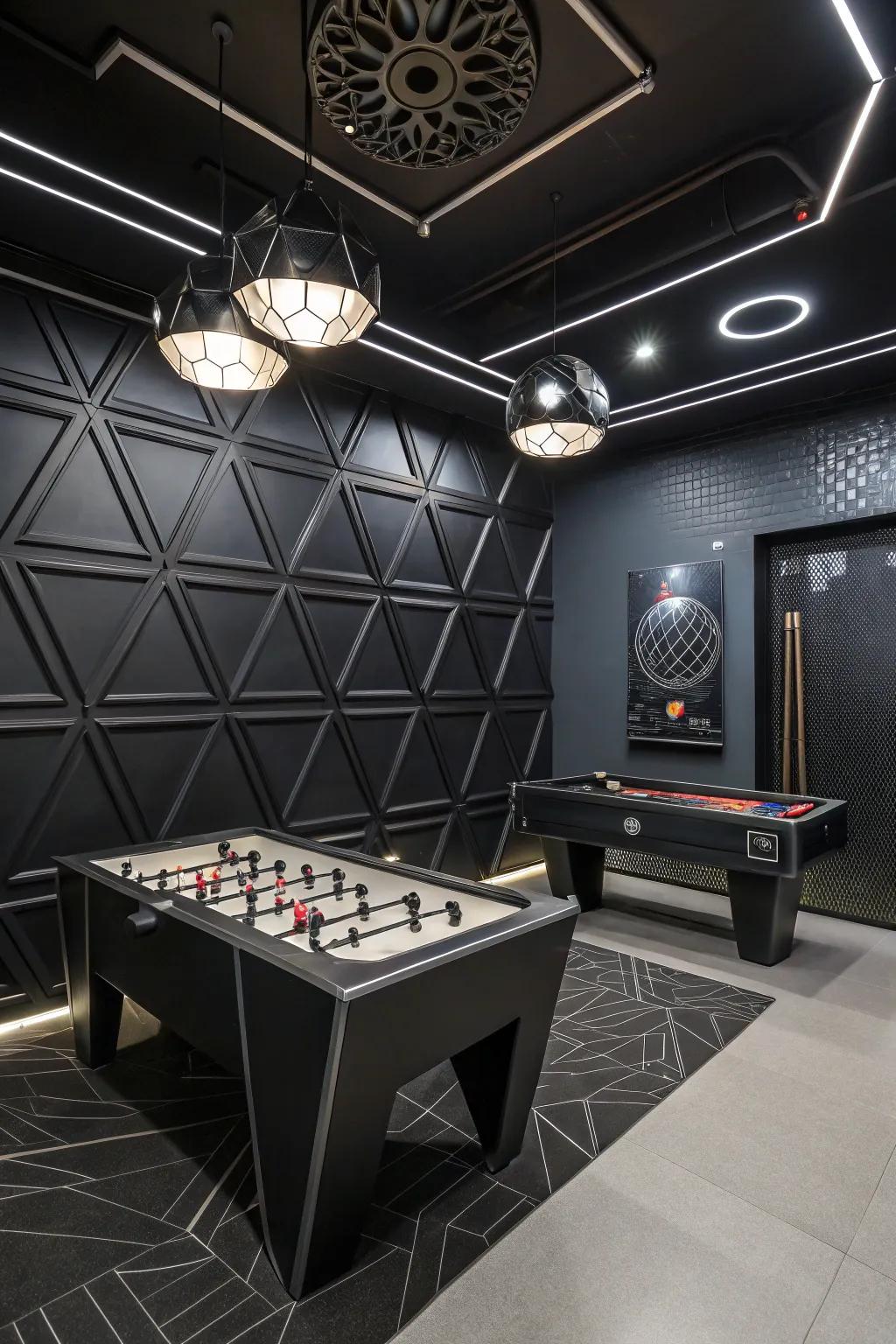 Futuristic decor elements inject a modern and sleek aesthetic into the game room.