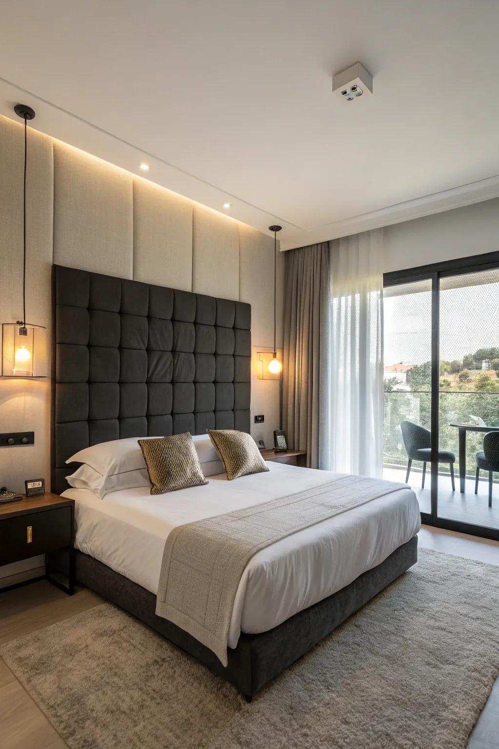 Elegant bedroom featuring a contemporary dark-toned panel headboard