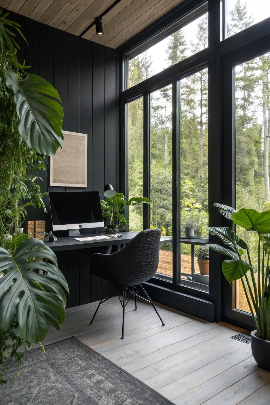 Natural light and plants inject life into a black office space.