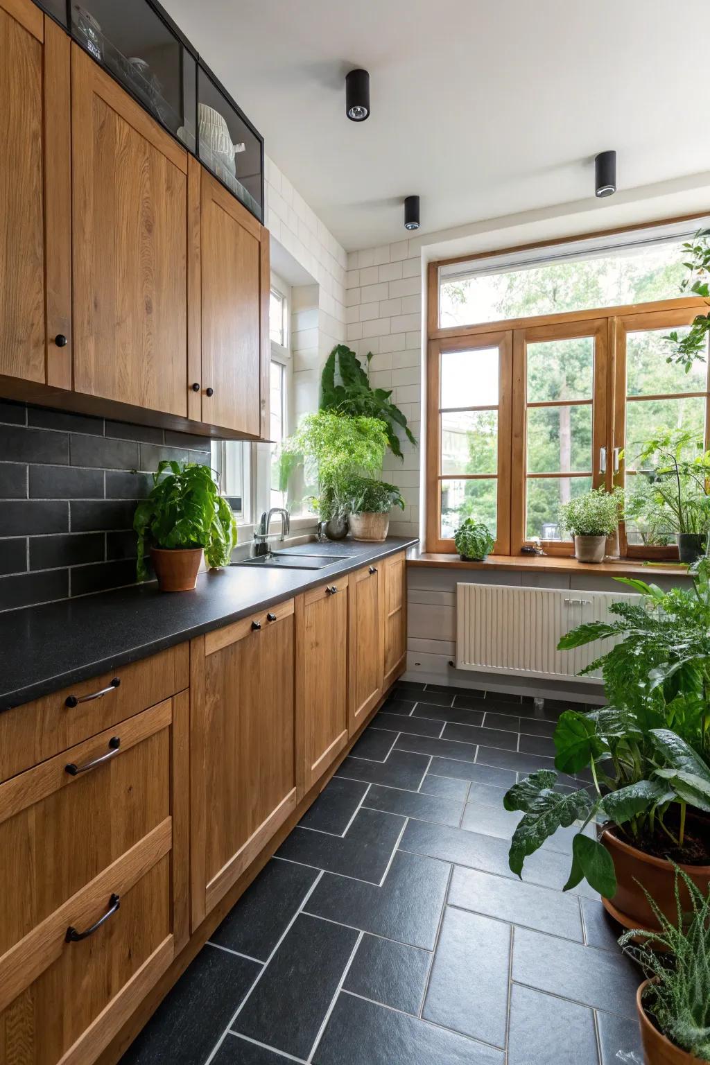 A kitchen that magnificently balances ebony floors using toasty wood details.