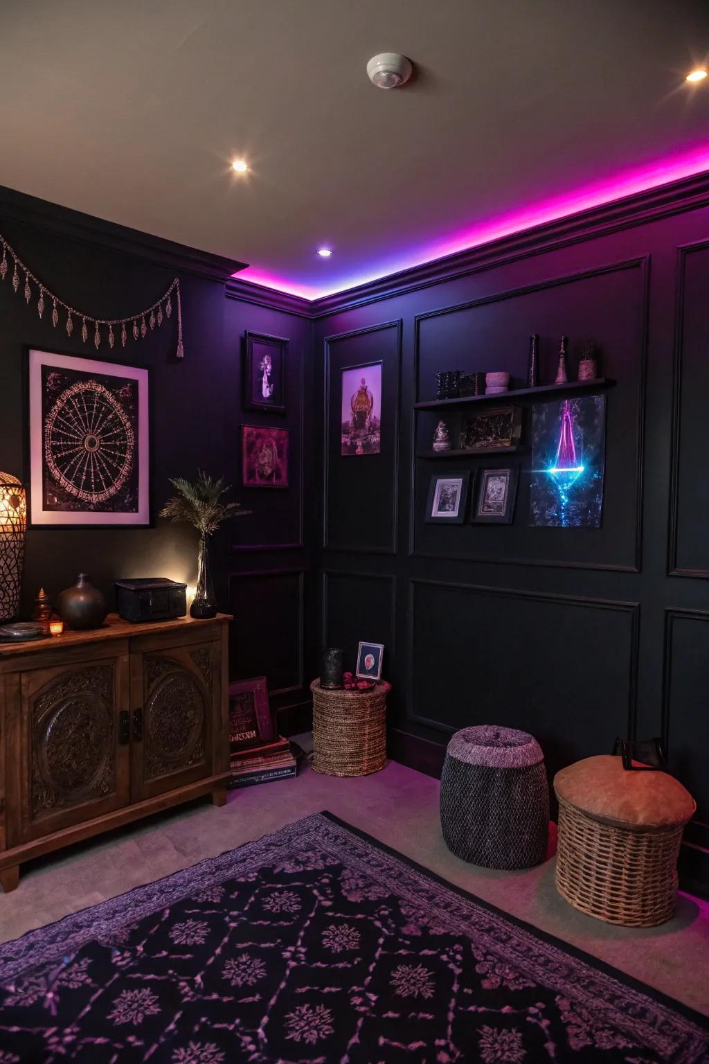 Dark walls amplify the shimmer of black light decor.